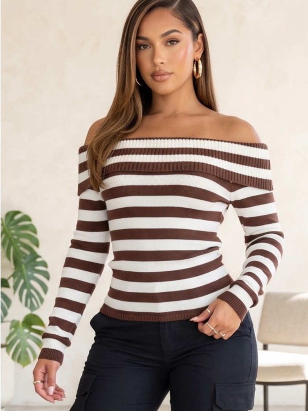 Off-Shoulder Brown & White Striped Women's Sweater T-36491